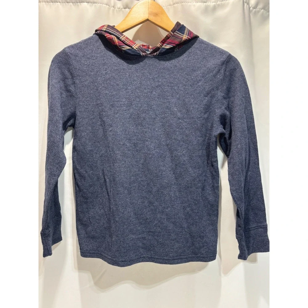 The Children's Place Hoodie Kids 7/8 Blue Waffle Knit Plaid Lined Hood Pullover